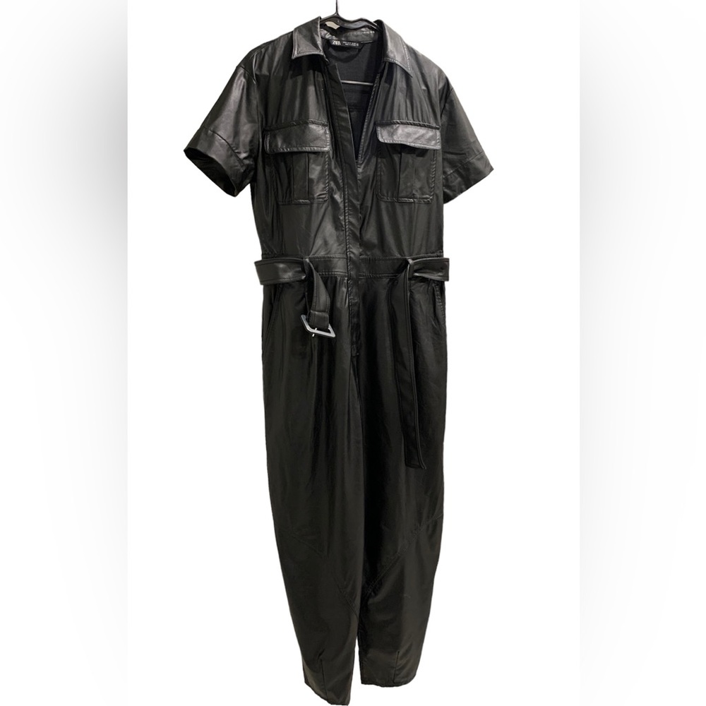 Zara black Faux Leather Pocket Jumpsuit.